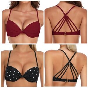 •RELLECIGA• 2 Push Up Twist Front Underwire Bikini‎ Tops Wine Red & Polka Dot XL